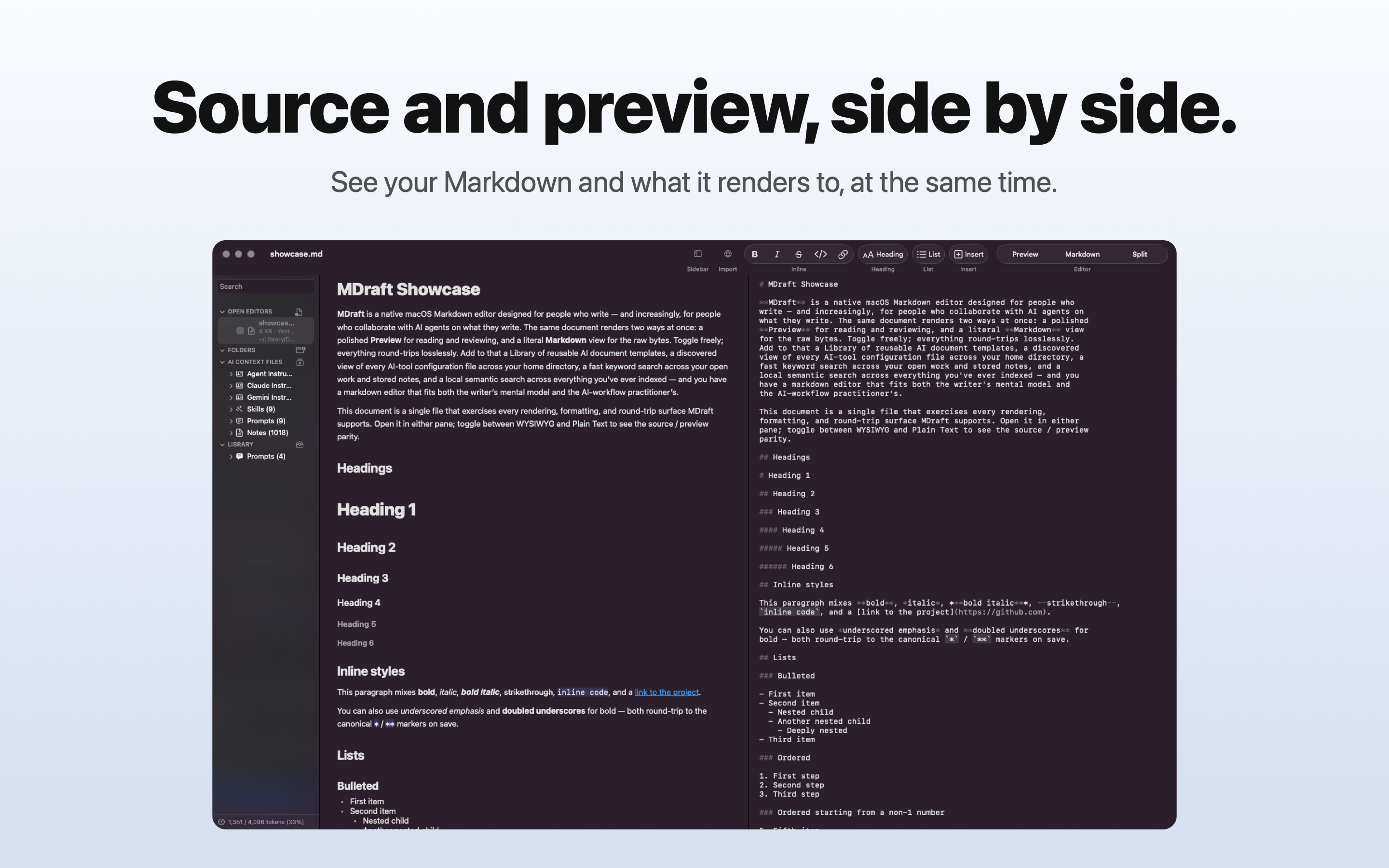 MDraft in Split mode showing Markdown source on the left and rendered Preview on the right.