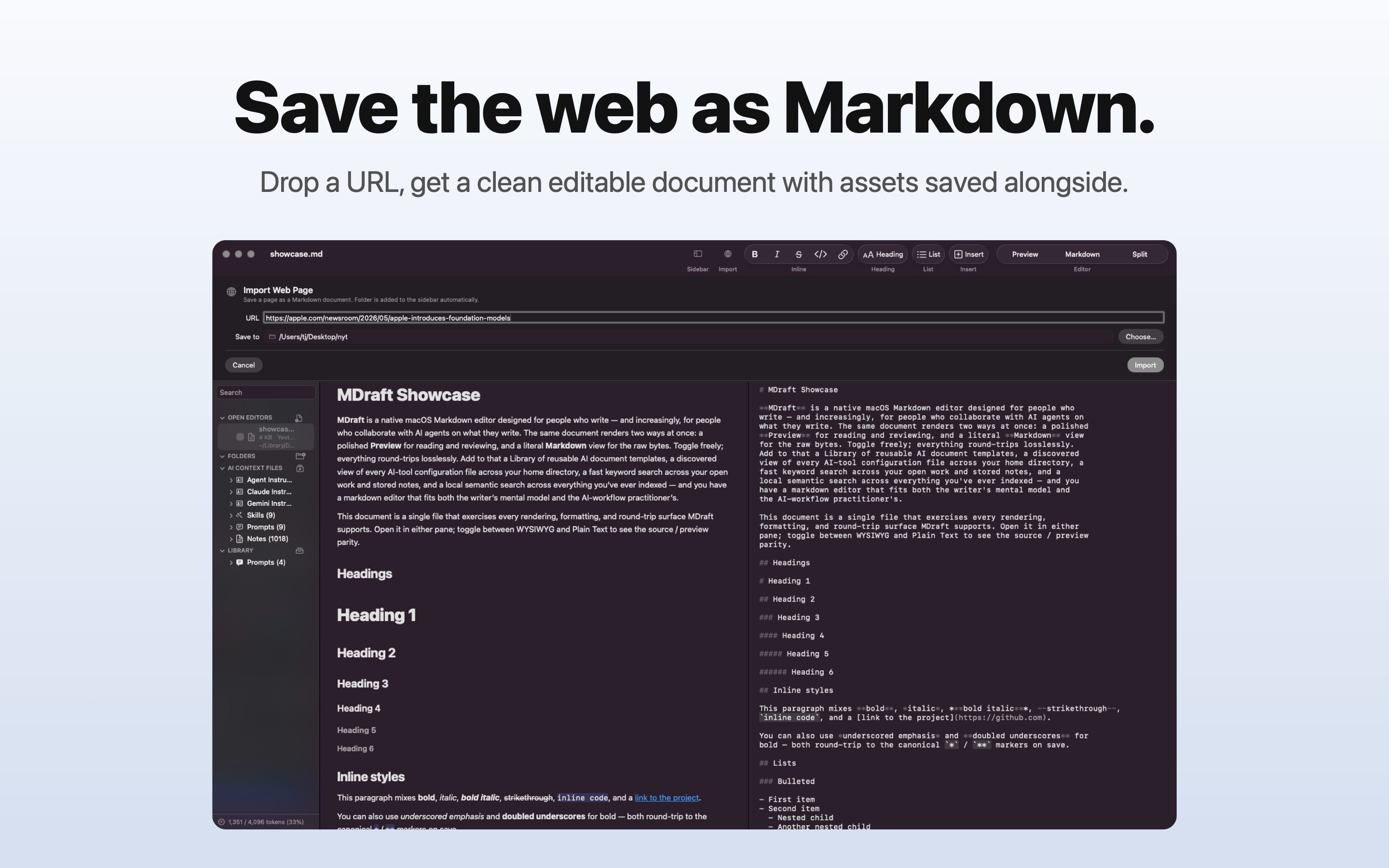 MDraft's Web Import panel with a URL typed and a save folder chosen.