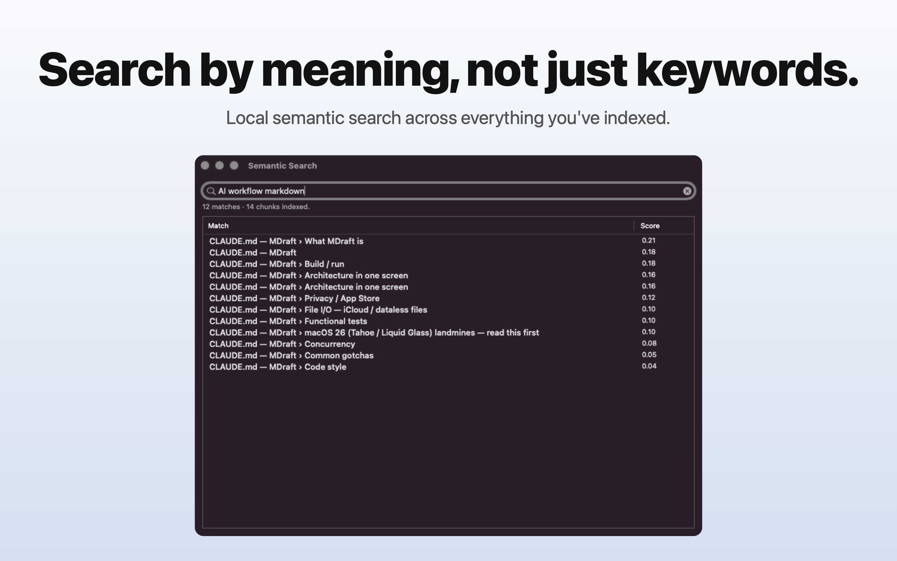 MDraft's sidebar search results, merging matches from Library, AI Context, and folder sources.