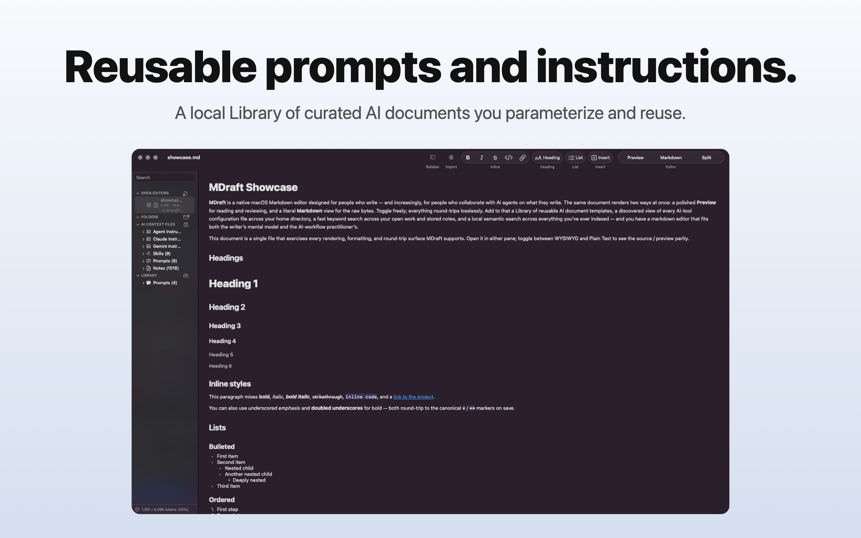 MDraft's Library section in the sidebar, with documents organized by kind: agent instructions, Claude instructions, skills, and other reusable assets.