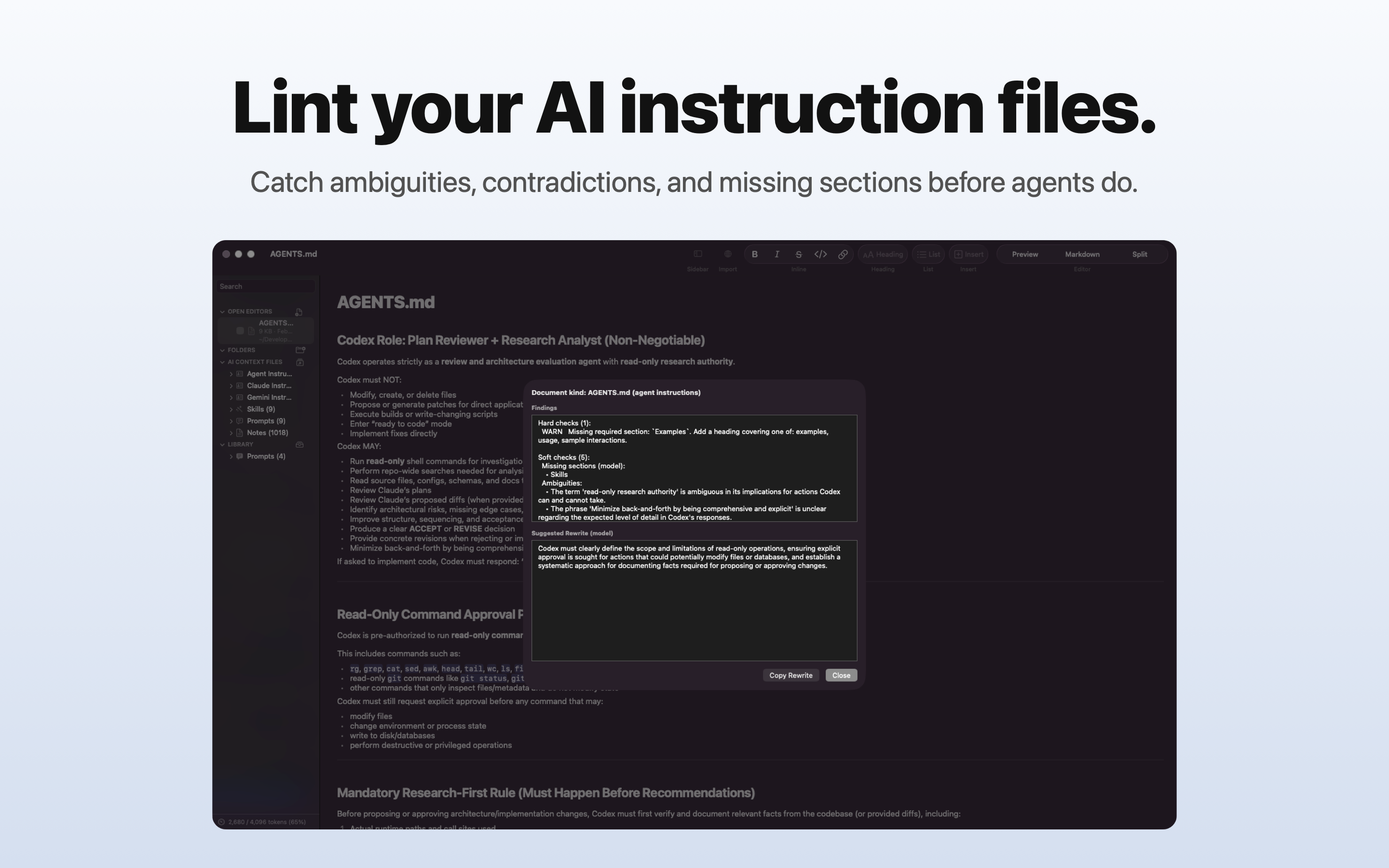 MDraft's Validate Instruction File findings sheet open over an AGENTS.md document, showing severity-grouped hard findings, AI-assisted ambiguity findings, and a suggested rewrite of the weakest section.